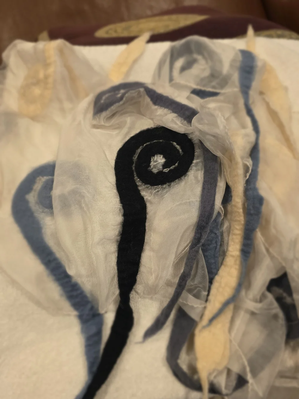 Vintage 1970's SILK VOILE ART SCARF with Swirl WOOL/Felt Detailing OOAK